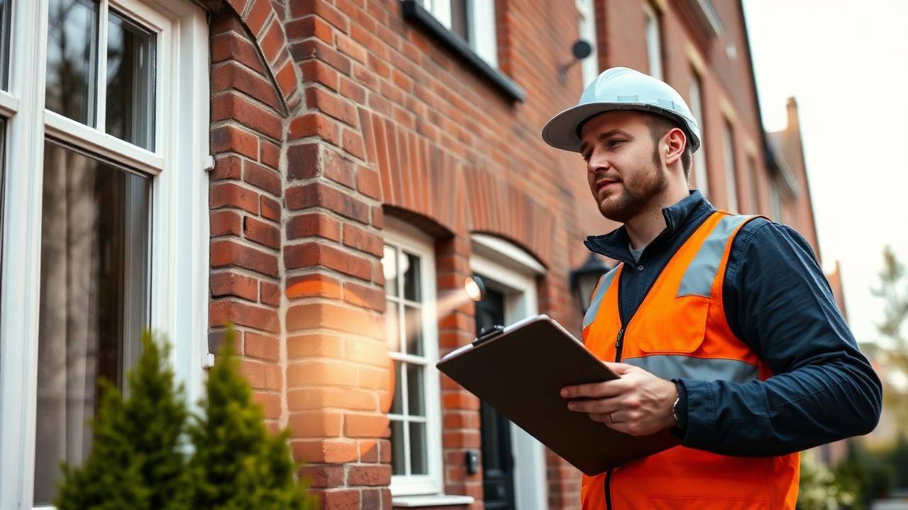 Bouwkundig inspecteur met klembord en zaklamp inspecteert houten kozijn tijdens aankoopkeuring
