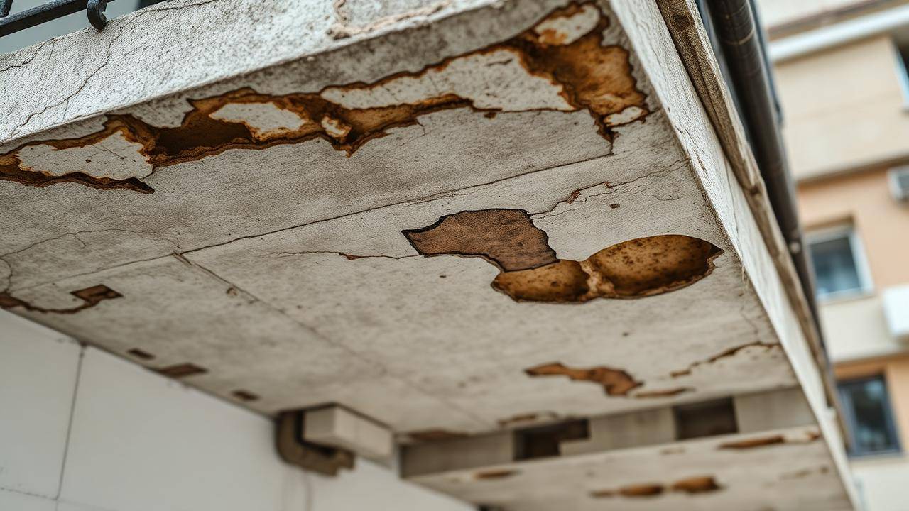 Onderkant balkon met afgebrokkeld beton en zichtbare roestige wapening, klassiek beeld van betonrot