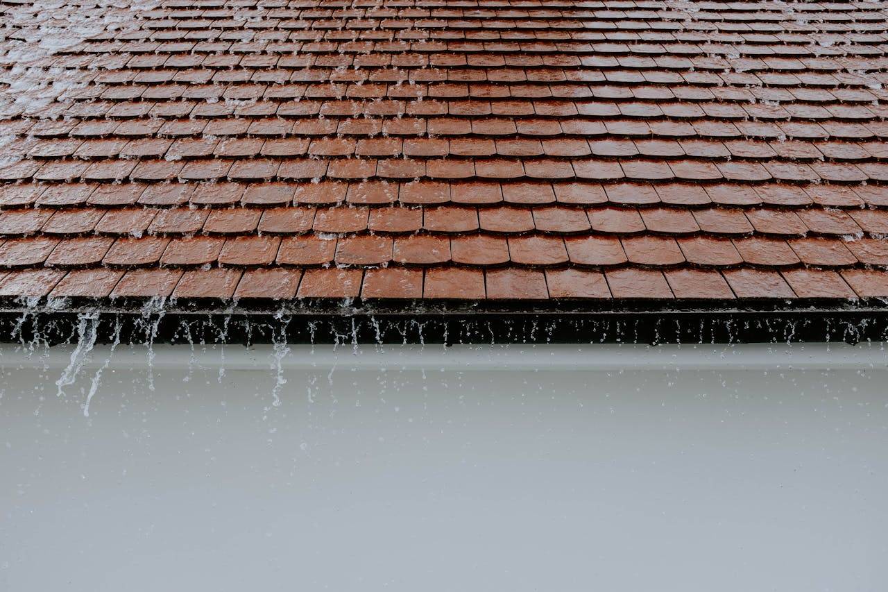 Bruine vochtkring op een wit plafond bij de dakaansluiting, typisch beeld van lekkage in het dak