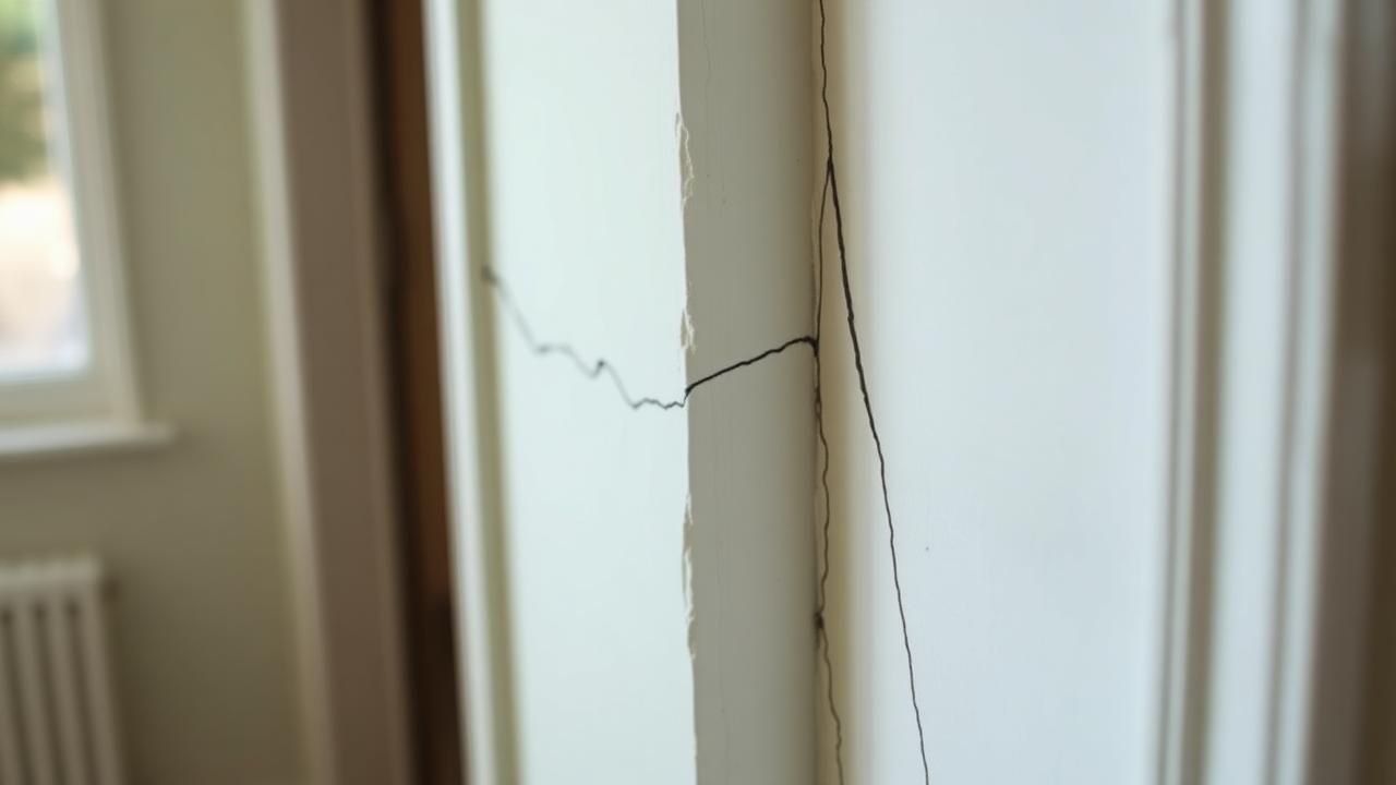 Diagonale scheur in een gepleisterde binnenmuur boven een deurkozijn, voorbeeld van zettingsscheur