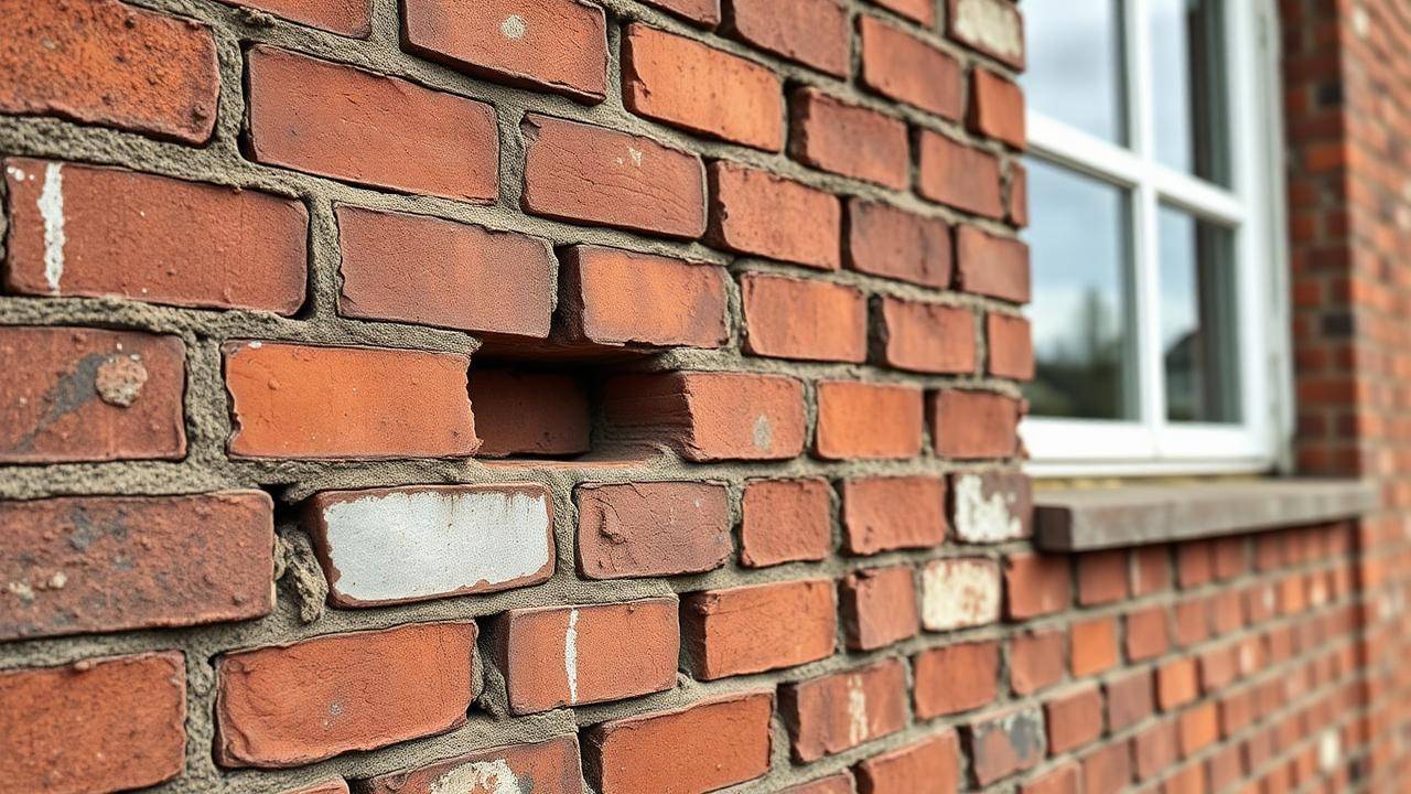 Bakstenen gevel met uitgespoelde voegen waar mortel meer dan een centimeter terugligt